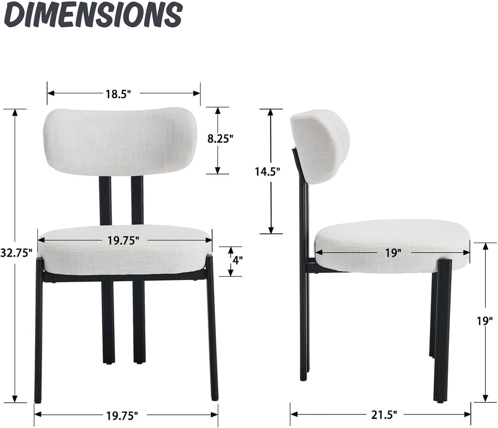 Linen Dining Chairs Set of 6, Curved Back Modern Side Chairs Upholstered Armless Reception Guest Chair with Black Metal Legs for Kitchen Restaurant Dining Room, Light Beige
