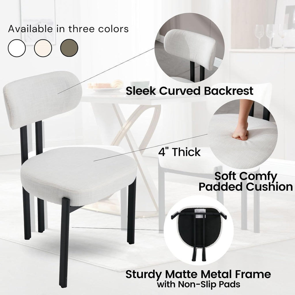 Linen Dining Chairs Set of 6, Curved Back Modern Side Chairs Upholstered Armless Reception Guest Chair with Black Metal Legs for Kitchen Restaurant Dining Room, Light Beige
