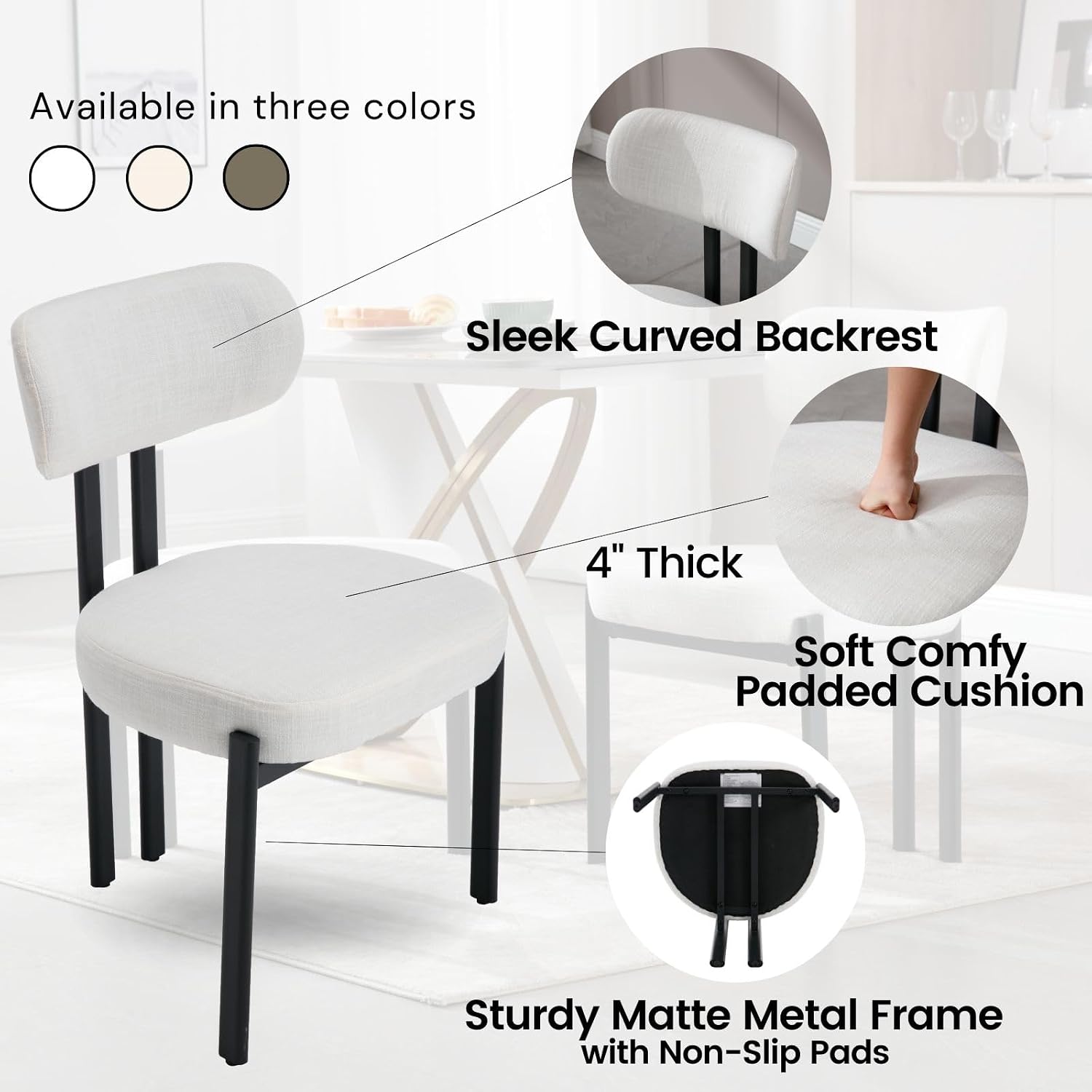Linen Dining Chairs Set of 6, Curved Back Modern Side Chairs Upholstered Armless Reception Guest Chair with Black Metal Legs for Kitchen Restaurant Dining Room, Light Beige