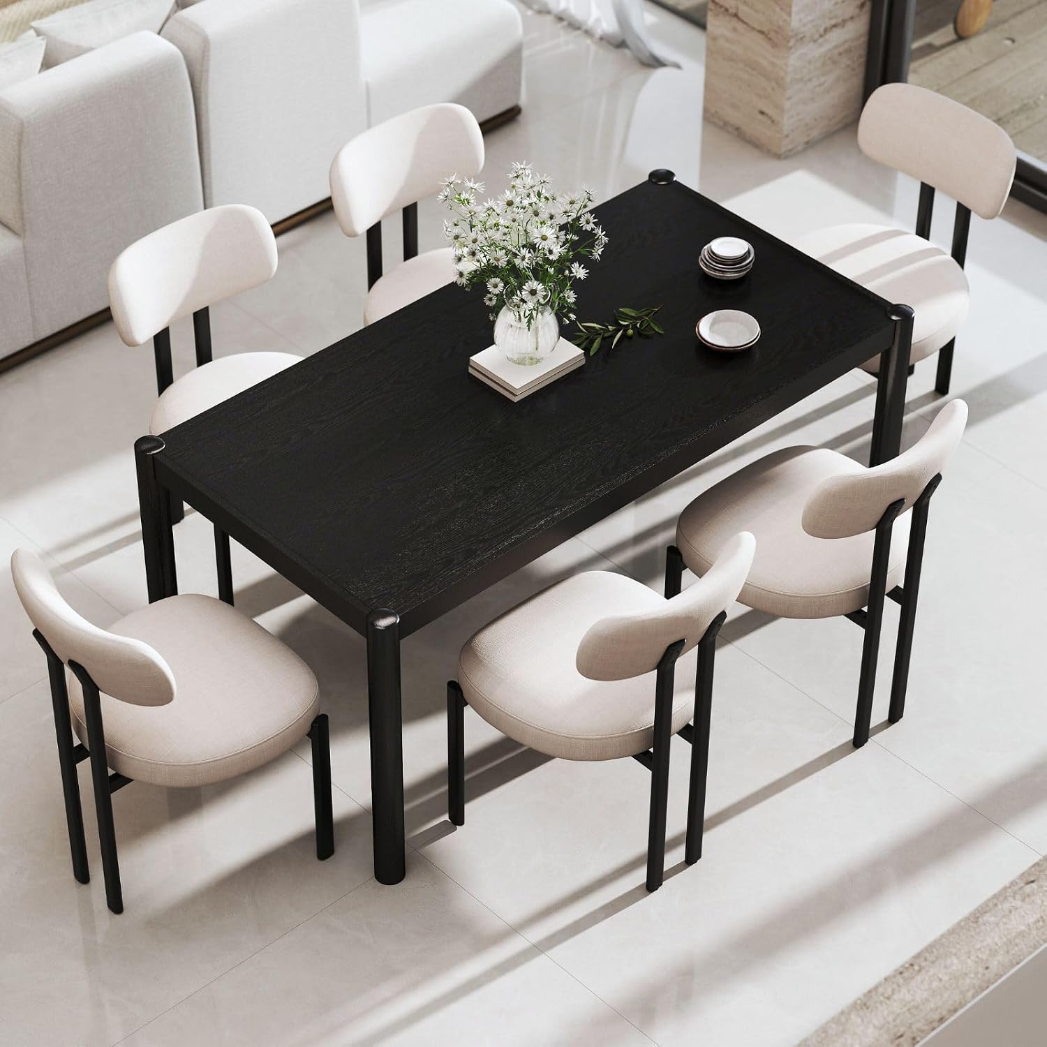 Linen Dining Chairs Set of 6, Curved Back Modern Side Chairs Upholstered Armless Reception Guest Chair with Black Metal Legs for Kitchen Restaurant Dining Room, Light Beige