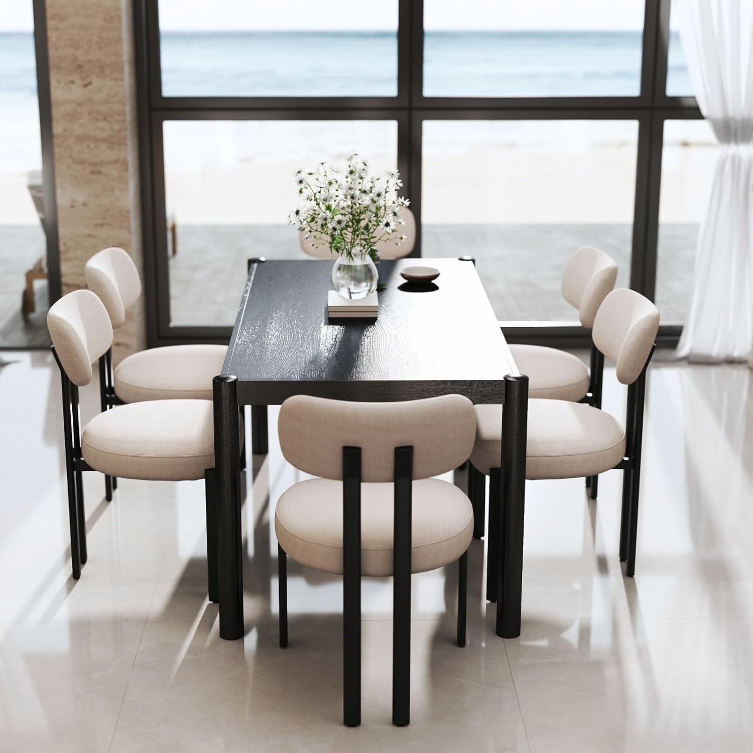 Linen Dining Chairs Set of 6, Curved Back Modern Side Chairs Upholstered Armless Reception Guest Chair with Black Metal Legs for Kitchen Restaurant Dining Room, Light Beige