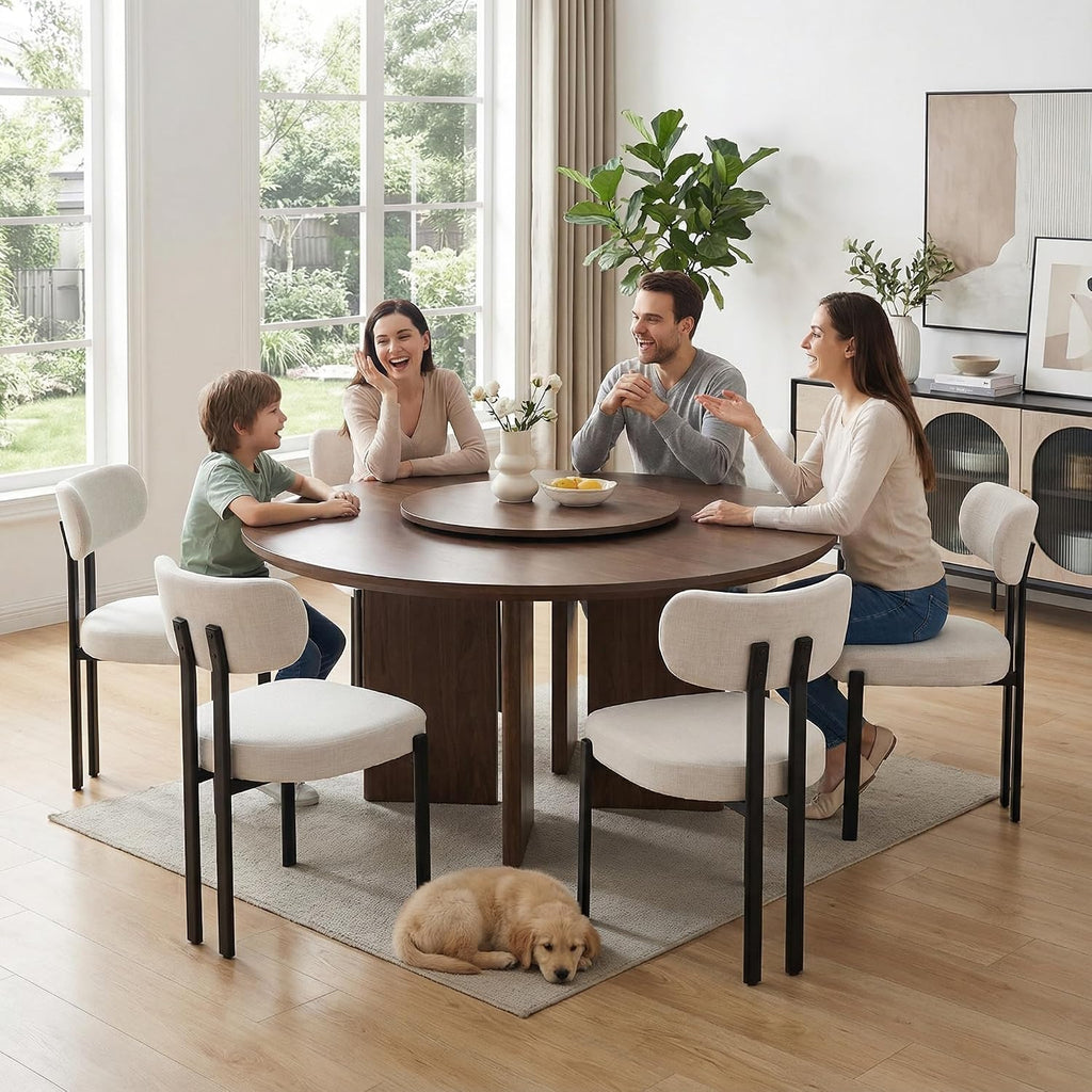 Linen Dining Chairs Set of 6, Curved Back Modern Side Chairs Upholstered Armless Reception Guest Chair with Black Metal Legs for Kitchen Restaurant Dining Room, Light Beige