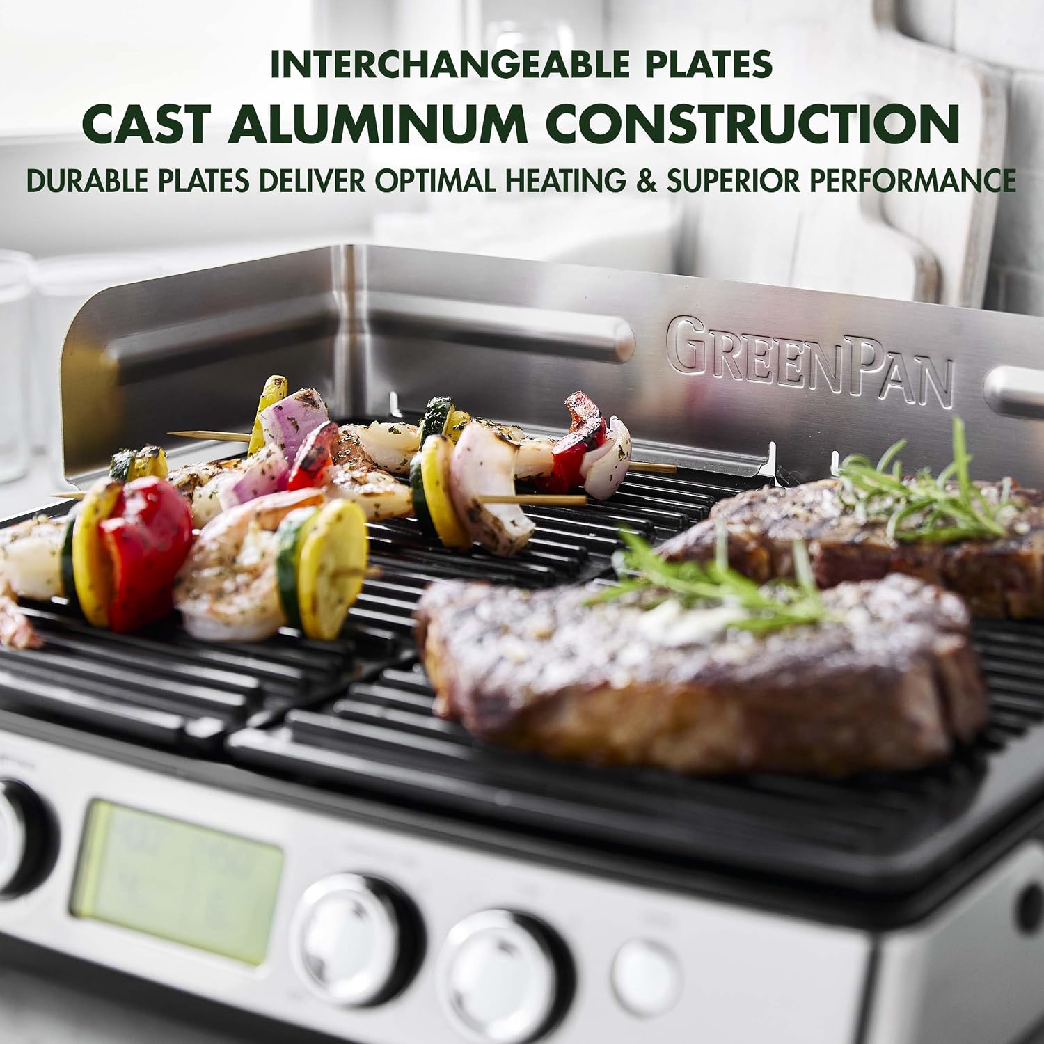 Elite XL Smoke-less Grill and Griddle, Healthy Ceramic Nonstick Interchangeable/Removeable Cast Aluminum Plates, Indoor BBQ Sear Sizzle, LCD Display, Splash Guard, Drip Tray, PFAS-Free, Black