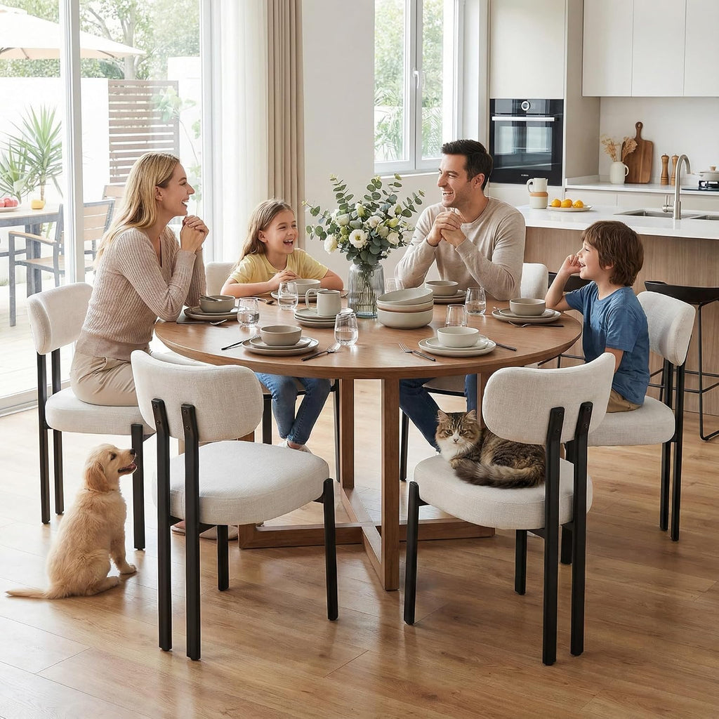 Linen Dining Chairs Set of 6, Curved Back Modern Side Chairs Upholstered Armless Reception Guest Chair with Black Metal Legs for Kitchen Restaurant Dining Room, Light Beige