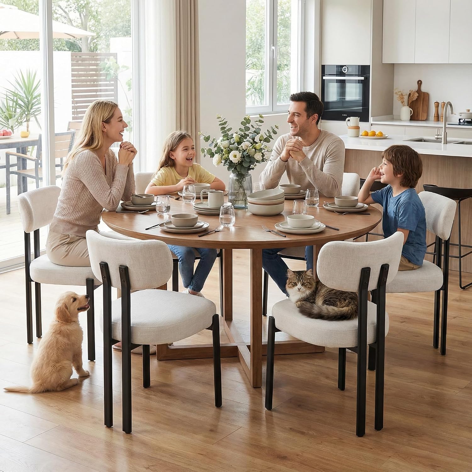 Linen Dining Chairs Set of 6, Curved Back Modern Side Chairs Upholstered Armless Reception Guest Chair with Black Metal Legs for Kitchen Restaurant Dining Room, Light Beige