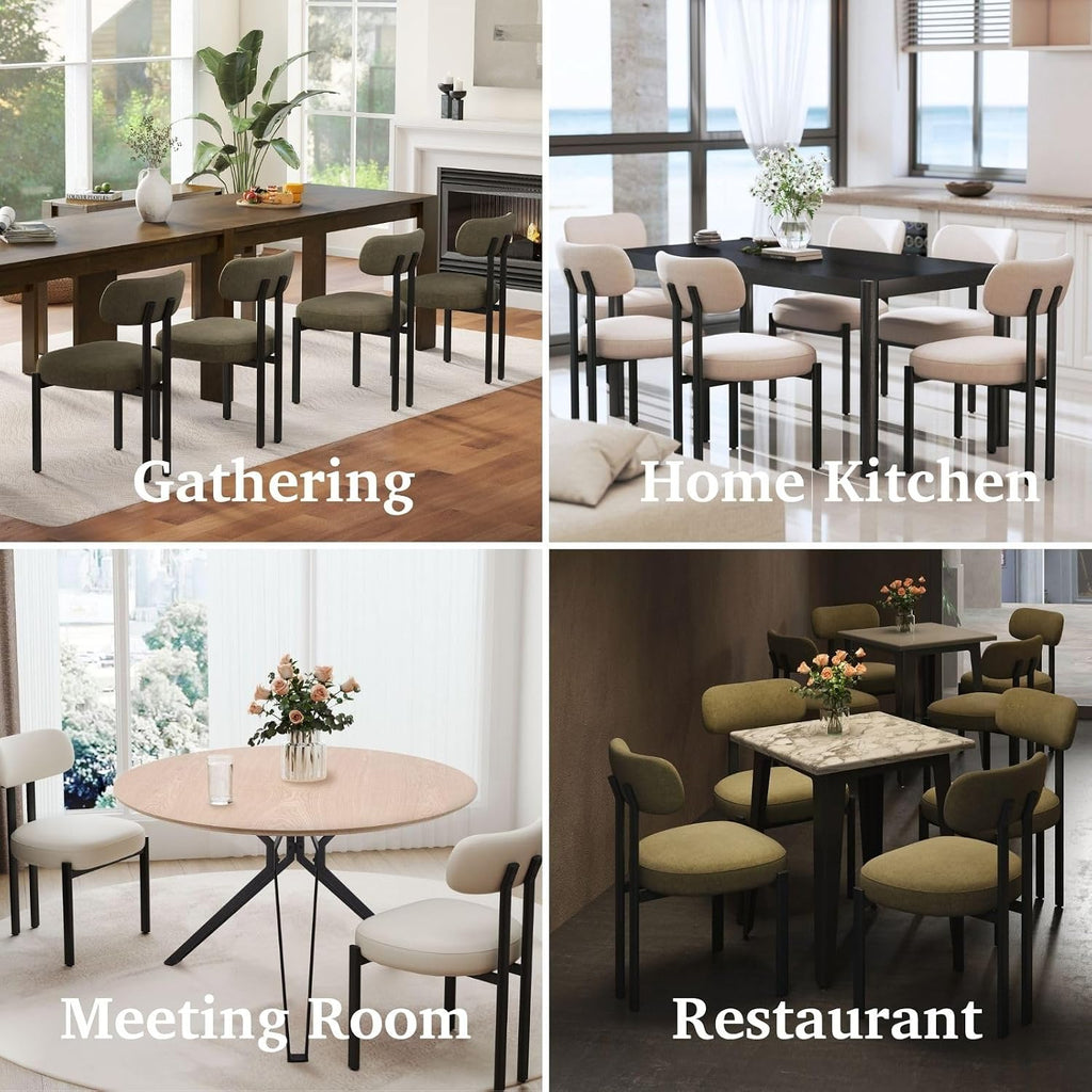 Linen Dining Chairs Set of 6, Curved Back Modern Side Chairs Upholstered Armless Reception Guest Chair with Black Metal Legs for Kitchen Restaurant Dining Room, Light Beige
