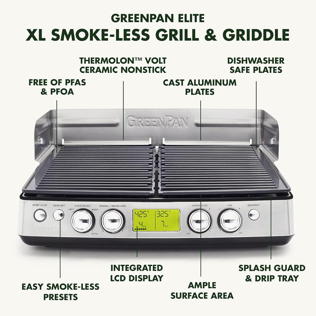 Elite XL Smoke-less Grill and Griddle, Healthy Ceramic Nonstick Interchangeable/Removeable Cast Aluminum Plates, Indoor BBQ Sear Sizzle, LCD Display, Splash Guard, Drip Tray, PFAS-Free, Black