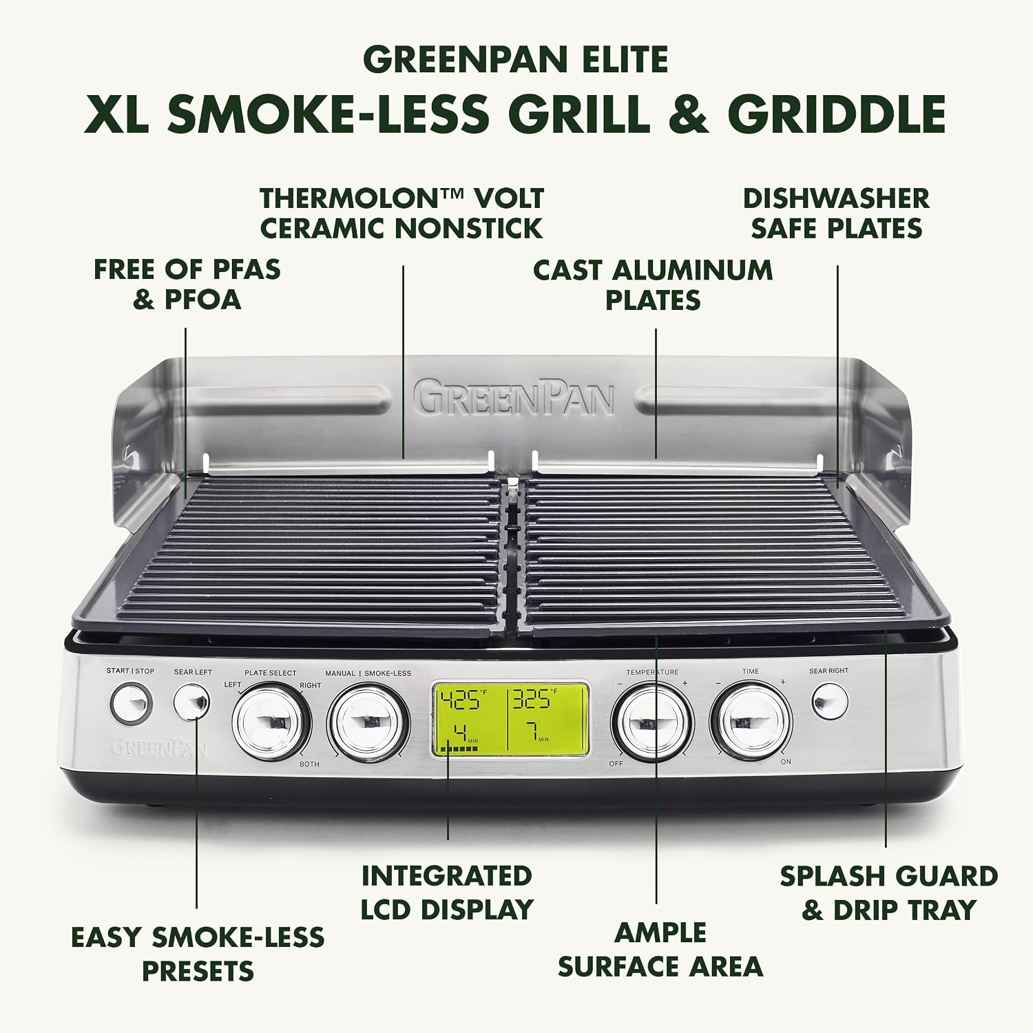 Elite XL Smoke-less Grill and Griddle, Healthy Ceramic Nonstick Interchangeable/Removeable Cast Aluminum Plates, Indoor BBQ Sear Sizzle, LCD Display, Splash Guard, Drip Tray, PFAS-Free, Black
