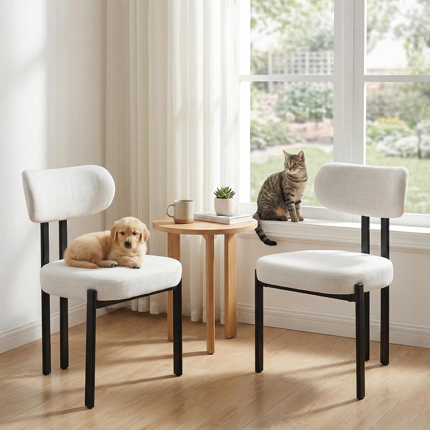 Linen Dining Chairs Set of 6, Curved Back Modern Side Chairs Upholstered Armless Reception Guest Chair with Black Metal Legs for Kitchen Restaurant Dining Room, Light Beige