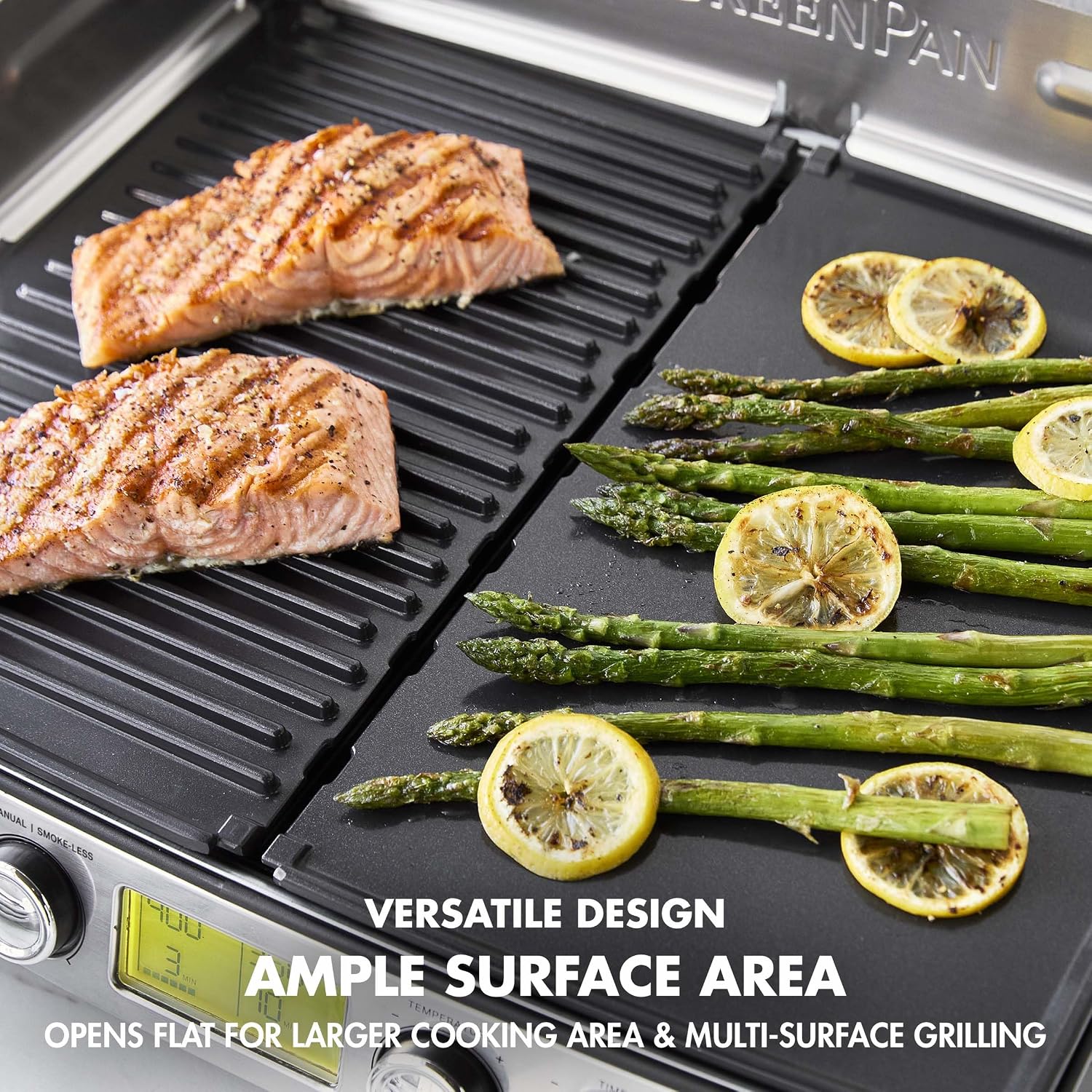 Elite XL Smoke-less Grill and Griddle, Healthy Ceramic Nonstick Interchangeable/Removeable Cast Aluminum Plates, Indoor BBQ Sear Sizzle, LCD Display, Splash Guard, Drip Tray, PFAS-Free, Black
